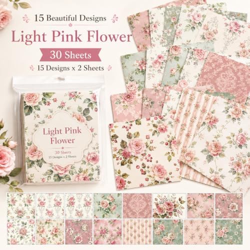 30 Sheets Vintage Floral Scrapbook Paper, 5.5x7.9 Inch Single-Sided Light Pink Rose Aesthetic Craft Paper for Junk Journaling, Card Making, Collage, Decoupage & DIY Projects