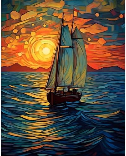 Natuyalo Paint by Numbers for Adults - DIY Adult Paint by Number Kits Painting on Canvas Sailboat Painting by Numbers for Beginners, Sunset Landscape Art Craft Kits for Adults (16x20 Inch)
