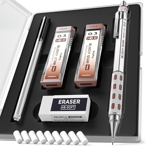 Nicpro Blocky Gear 0.3 mm Mechanical Pencils Set in Case