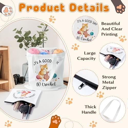 Y1tvei Crochet Canvas Tote Bag - 2Pcs Cosmetic Pouch Tote Bag Reusable Grocery Folding Shopping Bag for Crocheters Women