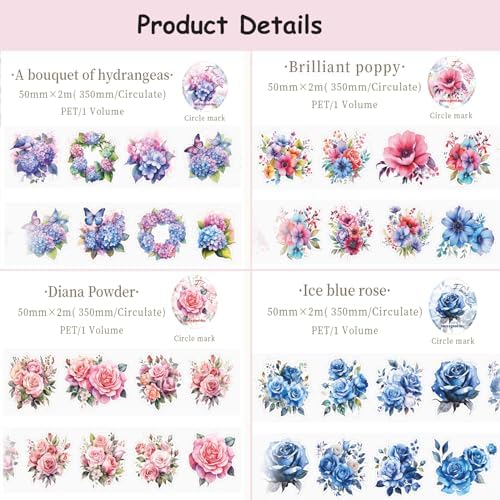 8Rolls Floral Washi Tape Set Flower PET Tapes Stickers for Crafts | Journaling Scrapbooking Supplies, Planner, Bullet Journals,Gift Wraping,Sunflower Rose Hydrangea Butterfly Decorative