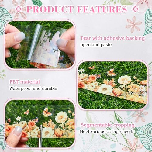Gilprop 5 Rolls Floral Washi PET Tape Set Flower Butterfly Scrapbook Junk Journal Supplies, Clear Decorative Tape Stickers DIY for Arts Crafts Bullet Planner, 50mm Wide x 78. 74 Inch Long/roll