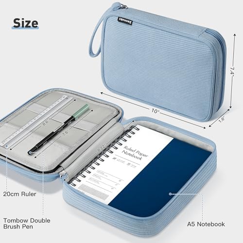 Zannaki Large Capacity Pencil Pouch Organizer | Soft Corduroy Pencil Box for Girls Boys Teens | Cute Big Pen Bag with Multiple Zipper Pockets - Pencil Case Storage for Art Supplies & Stationery-Blue