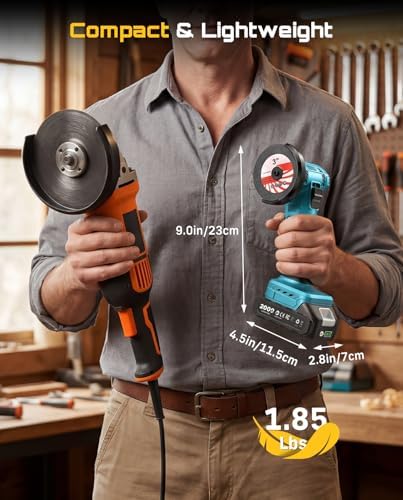 SEESII 3-Inch Cordless Mini Angle Grinder with 2× 21V 2.0Ah Batteries | Brushless Angle Grinder 19000 RPM, 7pcs Cutting Discs, 210W Power Electric Grinder Tool for Metal Wood Polishing Rust Removal