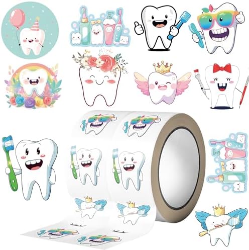 1000PCS Tooth Stickers Roll, 2 Rolls 10 Styles Dental Reward Stickers