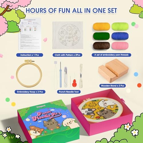 yuegool 2PCS Punch Needle Decoration Kit,Easy DIY Punch Needle Embroidery Kit for Beginners Adults Including Patterns, Tools, Yarns, Hoop, Instruction, Bracket Art Craft Supplies