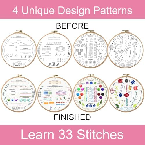 Moni Crafts Embroidery Kit for Beginners – DIY Hand Embroidery Set for Adults with 4 Stamped Patterns, Hoop, Threads, Needles and Step-by-Step Stitch Guide to Learn 33 Stitches