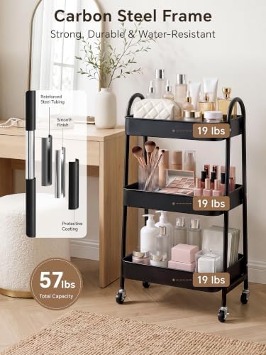 Booklov Rolling Makeup Cart Organizer, 3 Tier Utility Storage Cart, Black