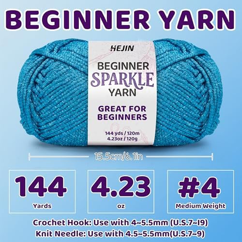 HEJIN 120g Metallic Blue Yarn for Crocheting and Knitting | 120m(144yds) for Beginners with Easy-to-See Stitches; Worsted-Weight Medium #4; Yarn for Beginners Crochet Kit Making