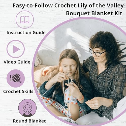 CSWCS Crochet Blanket Kit for Beginners, 40 inches Flower Bouquet Shawl Throw Kits for Adults, Learn How to Knitting with Yarn, Hook & Instructions, Gifts for Women Home Decor (Lily of The Valley Kit)