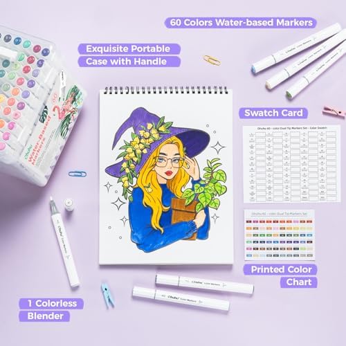Ohuhu Adult Coloring Books Markers 60 Colors Water-based Dual Tips No Bleed
