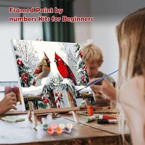 MOGTAA Christmas Paint by Numbers Kit for Adults Beginners with Frame, Winter Cardinal Adult Paint by Number Kits on Canvas with Easel, Easy DIY Oil Painting Kits for Home Decor, 8x12in