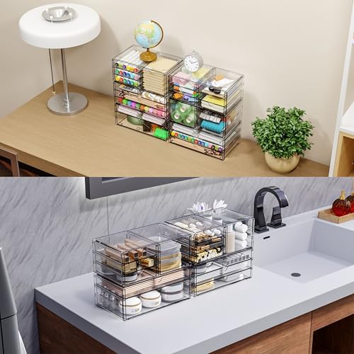 Yieach 3 Pack Clear Storage Drawers With 10 Drawers,Stackable 11.1” Large Acrylic Drawer Organizer and Makeup Organizer For Vanity,Bathroom Countertop,Cabinet,Pantry,Office Supply Storage Bins Drawers