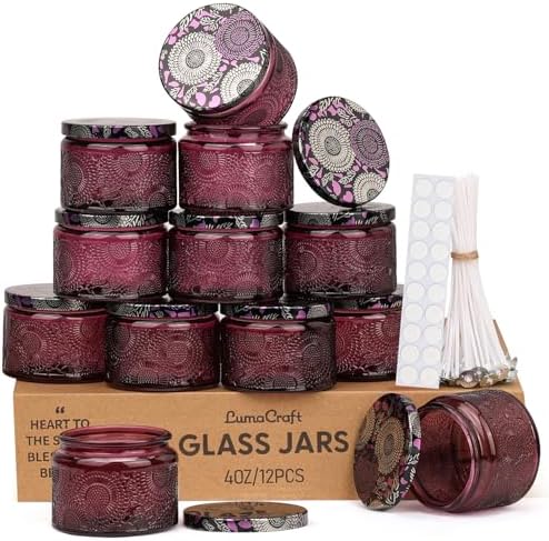 LumaCraft Luxury Embossed Glass Candle Jars for Making Candles - 12 Pack 4oz Empty Candle Containers with Airtight Metal Lids, 20 Wicks & 20 Stickers, Colored Glass Jars for Gifts & Decor