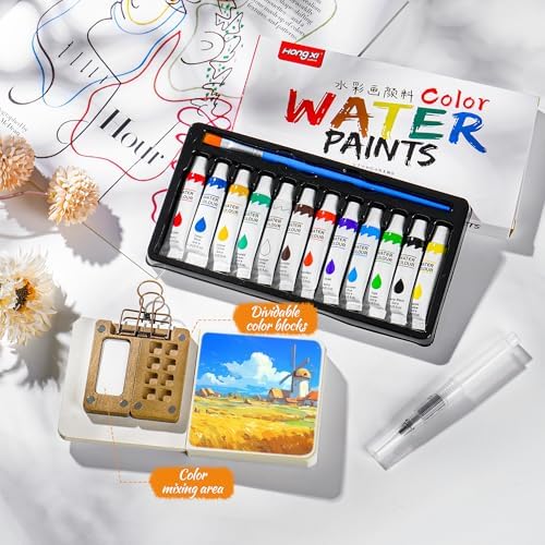 Mini Watercolor Paint set, Portable Watercolor Paint Travel Set, 12 Color Pocket Artist Watercolor Travel Kit with Picture Book, 8 Grids Portable Wooden Paint Palette for Painters, Artists, and Students