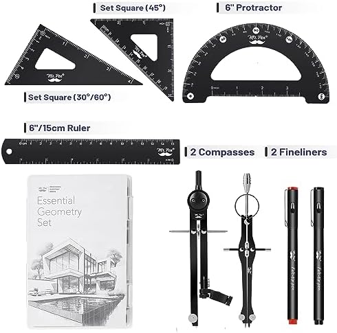 Mr. Pen- Professional Geometry Set, 15 pcs, Drafting Tools with Protractor | Compass, Metal Ruler, Triangles, Pens & Pencils, Complete Geometry & Drafting Kit for Architects, Engineers & Students