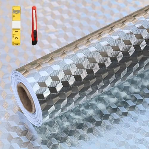Soqool Kitchen Oil Water Proof Wallpaper, Peel and Stick Aluminum Foil Backsplash Protector, Self Adhesive Waterproof Contact Paper for Cabinet, Drawer, Shelf Liner, Countertop Cover,15.7x196.8 Inch