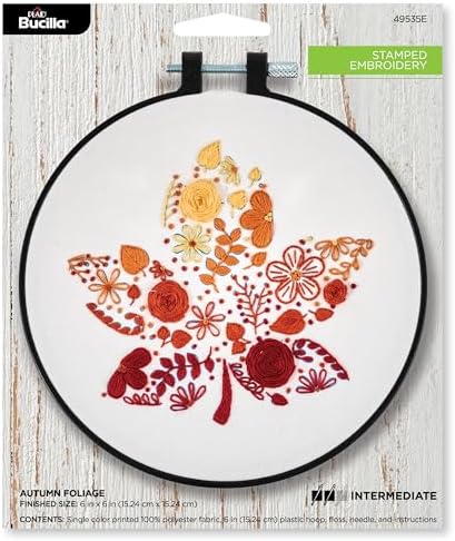 Bucilla, Stamped Embroidery Kit, Autumn Foliage, Includes 6" Hoop, Floss, Needle, and Instructions