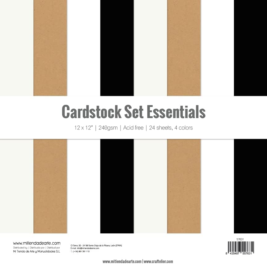 Craftelier - Cardstock Set | Pack of 24 Double-sided Cardstock for Cardmaking, Scrapbooking and Craft Projects | Different Sizes, Colours and Textures (Essentials, 12" x 12")