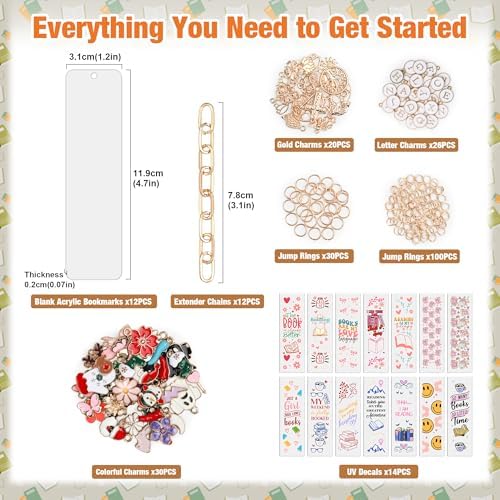 244 Pcs Bow Acrylic Bookmark Blanks(2mm) Thicken 15 DIY Bookmark Making 17 Bow UV DTF Sticker 76 Charms 15 Extender Chains and 130 Jump Ring Suitable for DIY Crafts Gifts
