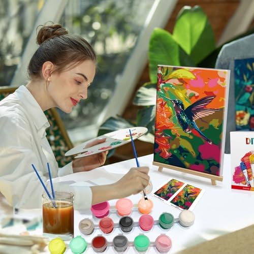 HeeBenor Framed Paint by Numbers Kit for Adults, Hummingbird Paint by Numbers Kit for Adults with Easel, DIY Flower Bird Paint by Number with Frame, Adult Paint by Number Kits Framed Canvas 8x12 Inch