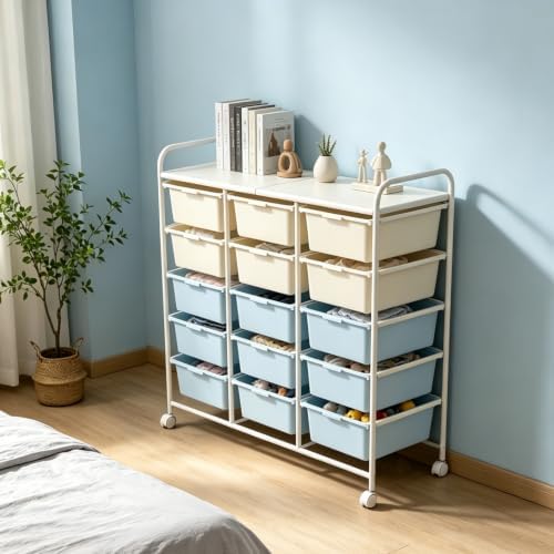 15-Drawer Rolling Storage Cart with Wheels, 2-Color Plastic Drawer Cart | Mobile Organizer Cart, Utility Storage Trolley for Office, Living Room, Craft Room, Bathroom, and Home Organization