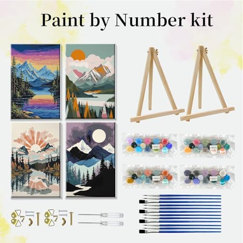 JOOZ 4 Pack Paint by Numbers Kit for Adults with Frame Mountain Landscape Paint by Number with Easel DIY Lake Adult Paint by Number Kits Sunset Easy Oil Painting Kits for Home Wall Decor 8x12 Inch