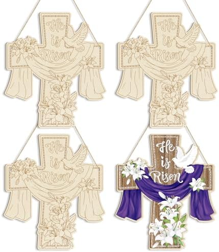 Large Size 12" Wooden Easter Ornaments to Paint,Wooden DIY Blank Unfinished Christian Religious Ornament Happy Easter Jesus He is Risen Door Sign Lily Cross Hanging Plaque Crafts Hanging Decorations