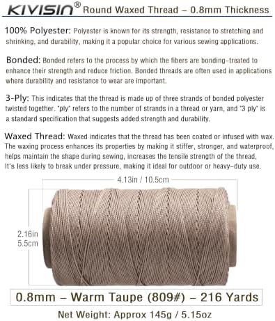 Heavy Duty Round Waxed Thread, 0.8mm, 218 Yards, Taupe, Bonded Polyester Wax Coated Cord String for Leather Sewing, Upholstery, Whipping Twine, Basket Weaving, Macrame, and Jewelry Making