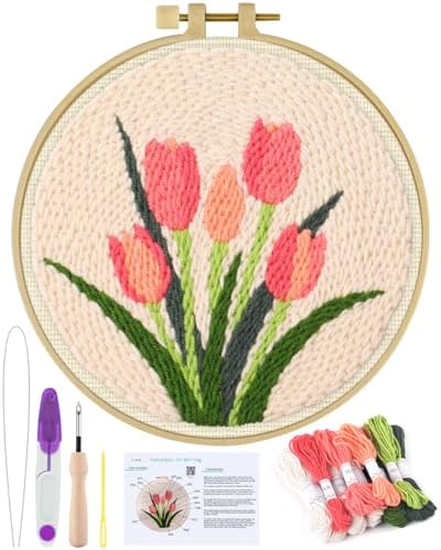 ERKOON Punch Needle Kit Beginners Adults, DIY Easy Flower Embroidery Set for Starter Art Craft, Needling Punching Project with Patterns, Tools, Yarns, Hoop, Instruction (Tulips)