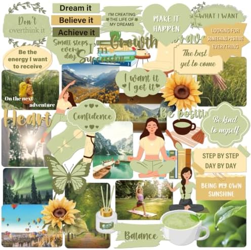 Green Vision Board Stickers - 50 Pcs Travel Planner Waterproof Supplies Kit for Adults Women Girls Forest Tree Inspirational Aesthetic Mental Health Decals for Kindle Book Scrapbooking Journal