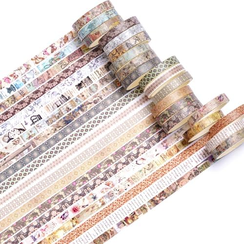 20 Rolls Skinny Vintage Washi Tape Set Retro Arts Adhesive Tapes Basic Patterns Decorative Masking Tape Sets for Craft, Kids, Scrapbook, DIY, Gift Wrapping (Ephemeral Blossoms)