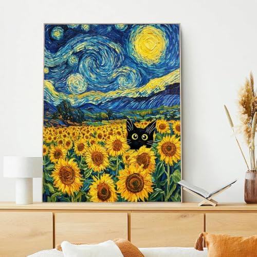 xcemhil Cat Paint by Numbers Kit for Adults, Sunflower Paint by Numbers for Adult, Starry Sky Acrylic Paint by Number Kits Suitable for Home Wall Art Decor Gifts 16x20 Inch