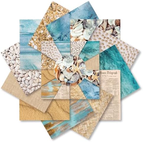 Beach Scrapbook Paper Pad Sand Shell Sea Patterned Paper 6×6,24 Sheets Single-Sided Blue Ocean Scrapbooking CardStock Papers Pad for Holiday Cardmaking DIY Origami Journaling.
