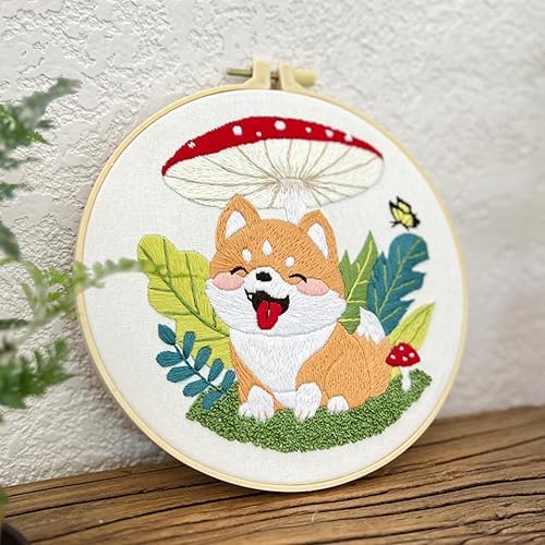 Dog & Mushroom Embroidery Kit for Beginners Handmade Gift