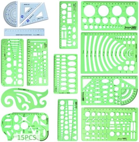15PCS Geometric Drawings Templates, Measuring Geometry Rulers, Drafting Stencils Measuring Tools