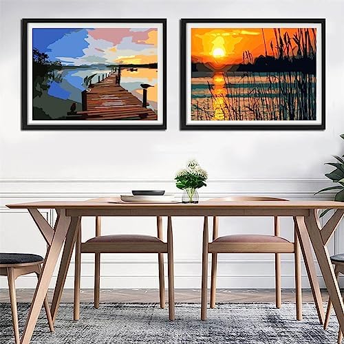 YANXIN Paint by Numbers Kit for Adults Beginners 2 Pack Paint by Numbers for Adults Rolled up Canvas for Home Decoration Creative Wall Art with Colorful Gift Box 12x16 inch Lake Sunset 171-172