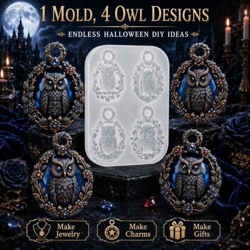 4-Cavity Floral Wreath Owl Pendant Resin Silicone Mold with Hanging Hole, Vintage Cameo Owl Epoxy Resin Casting Mould, DIY Necklace Charm Mold for Halloween Christmas Handmade Jewelry Craft (MT02)