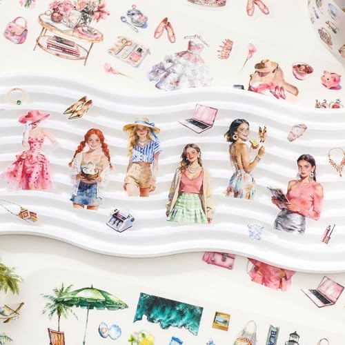 4 Rolls PET Tapes Pre-Cut Stickers for Scrapbooking Pink Life People Stickers Tape journaling