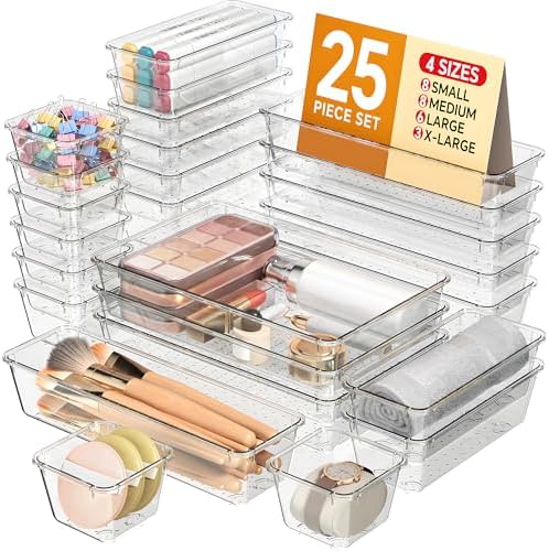 KEMETHY 25 PCS Plastic Drawer Organizers Set, 4 Sizes Vanity Organizer