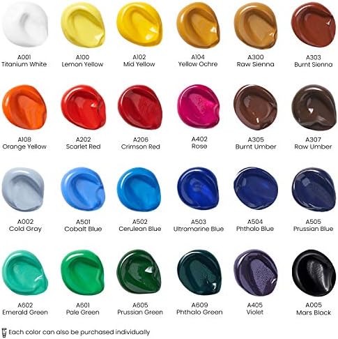 ARTEZA Acrylic Paint Set, 24 Colors, 22 ml / 0.74 oz Tubes, High-Viscosity