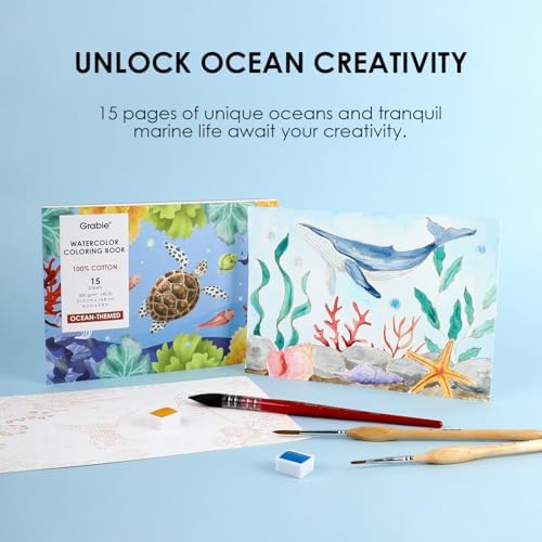 Grabie Watercolor Coloring Book, 15 A5 Cotton Sheets, Ocean Themed