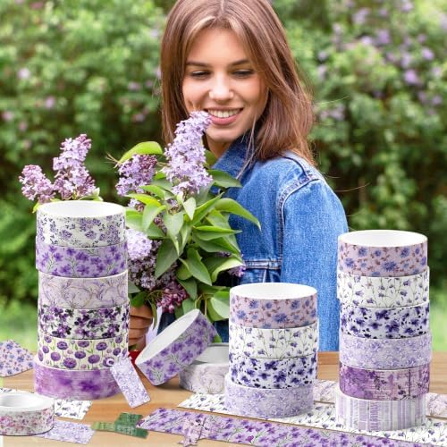 Purple Floral Washi Tape Set - 12 Rolls Decorative Masking Tape Crafts