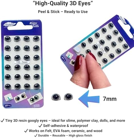3D Resin Doll Eyes – 7mm Self-Adhesive Craft Eyes (24 pcs / 12 Pairs) – Realistic Cabochon Eyes for Amigurumi, Dolls, Polymer Clay, Cold Porcelain, Felt & DIY Crafts (Gray)