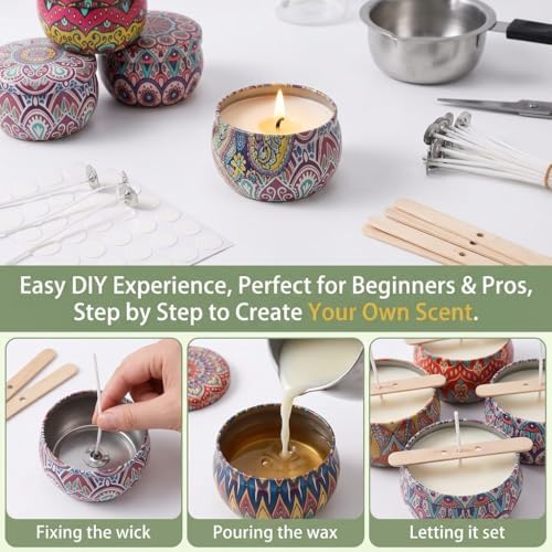 Blingfun 10 Packs 4 oz Candle Tins kit, Candle Making Tins, Candle Jars, 100pcs Candle Wicks, 100pcs Wick Stickers, Candle Containers for Making Candles (Flowers)