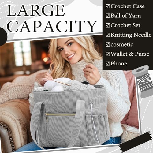 Bulyoou 2 Pcs Crochet Tote and Yarn Bag Set Corduroy Yarn Holder,Grey
