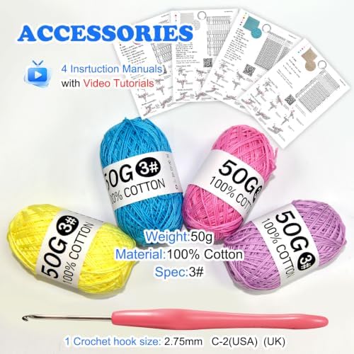 zwzxd Beginner Crochet Kit: Cotton Thread, Hooks & DIY Dishcloth Tutorial （BRT Rainbow Candy）