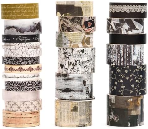 Vintage Washi Tape Set - 24 Rolls Arts Adhesive Tapes Assorted Retro Decorative Masking Tape Sets for Craft, Kids, Scrapbook, DIY, Gift Wrapping (9-Monochrome Mood)