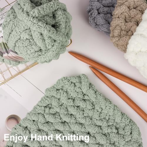Chunky Yarn for Hand Knitting, #10 Chunky Blanket Chenille Yarn, Bulky Thick Jumbo Yarn, Super Chunky Knit Yarn for Crocheting, 8 Skein (8 oz 22 yds Each Skein), Cream&Sage&Khaki&Light Grey