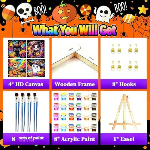 Tabszca 4 Pack Halloween Paint by Numbers Kit for Kids with Frame 8x8 Inch